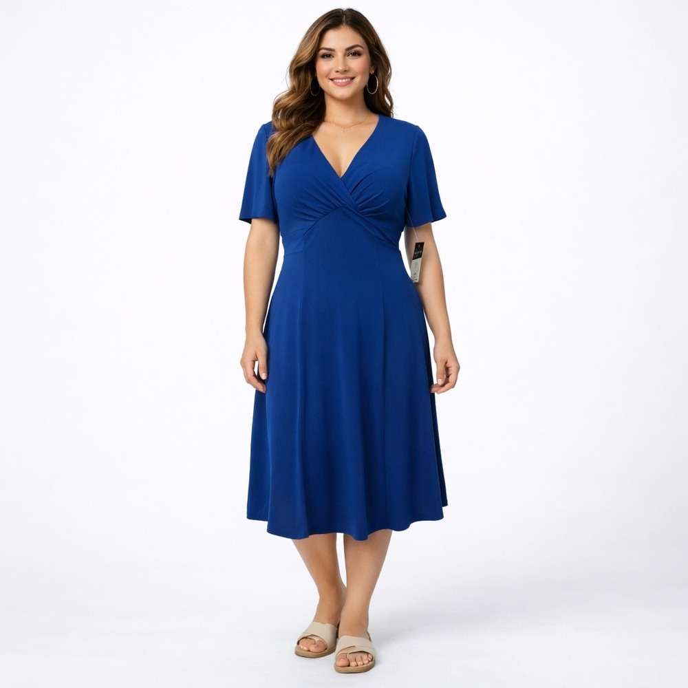 Chaps City Brights Matisse Blue V-Neck Midi Dress Short Flutter Sleeve Medium